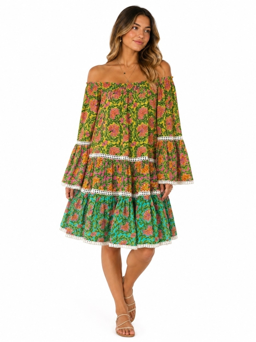 Marina St Barth Sequin Floral Off-Shoulder Bell Sleeve Mini Dress Luxe Resort